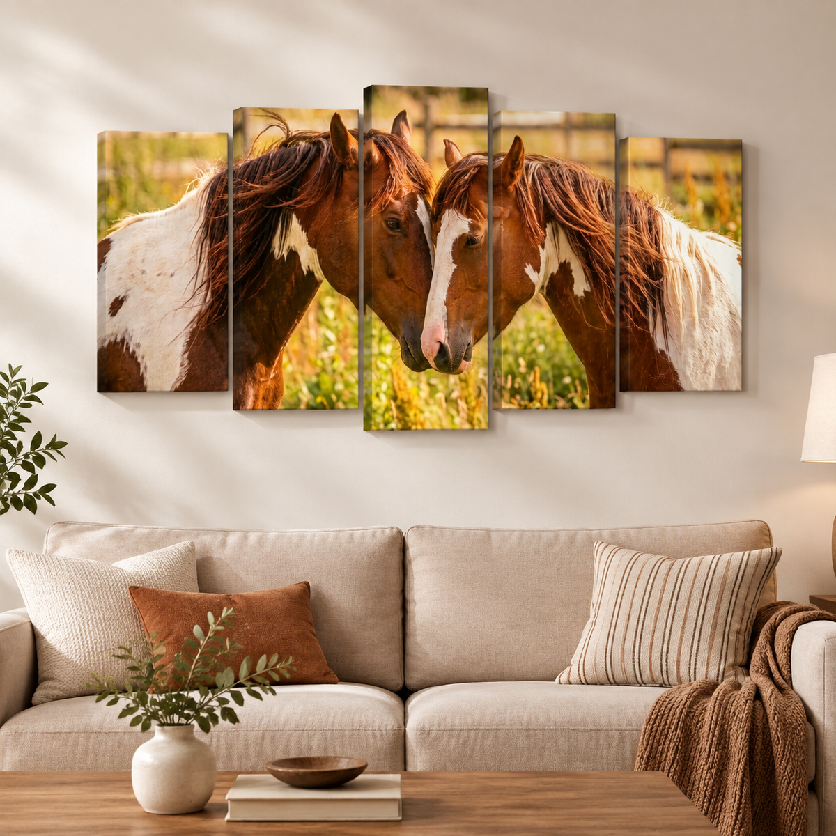 A five-panel canvas wall art set depicting two brown and white pinto horses facing each other in a sunlit field, displayed above a beige sofa in a styled living room.