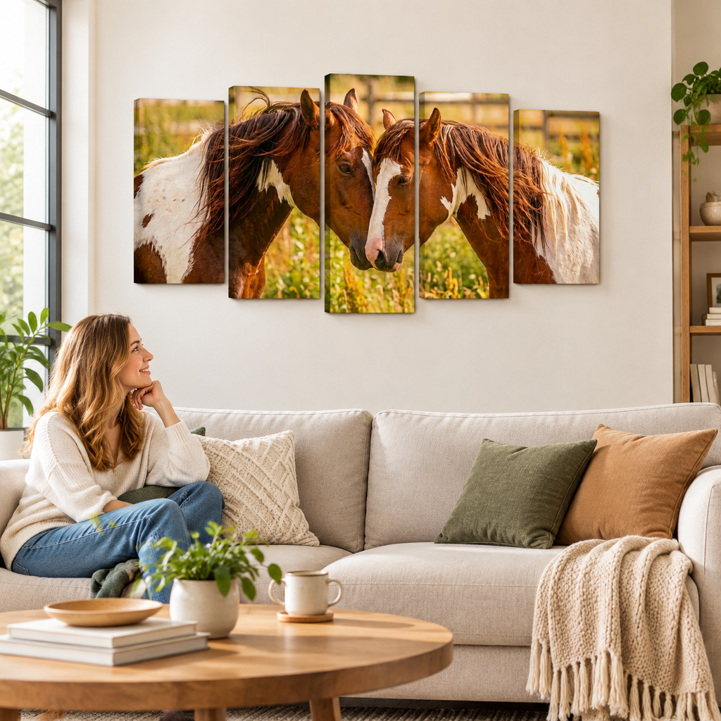 A woman sits on a light beige sofa in a cozy living room, looking at a five-panel canvas wall art set depicting two brown horses facing each other in a sunlit field. The room includes a round wooden coffee table, throw pillows, and plants.