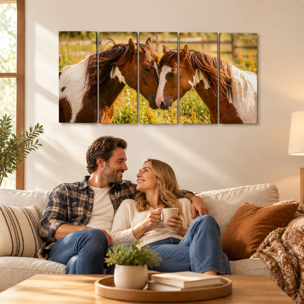 A five-panel canvas wall art set depicting two brown and white paint horses nuzzling in a sunlit field, displayed above a couple sitting on a beige sofa in a cozy living room.