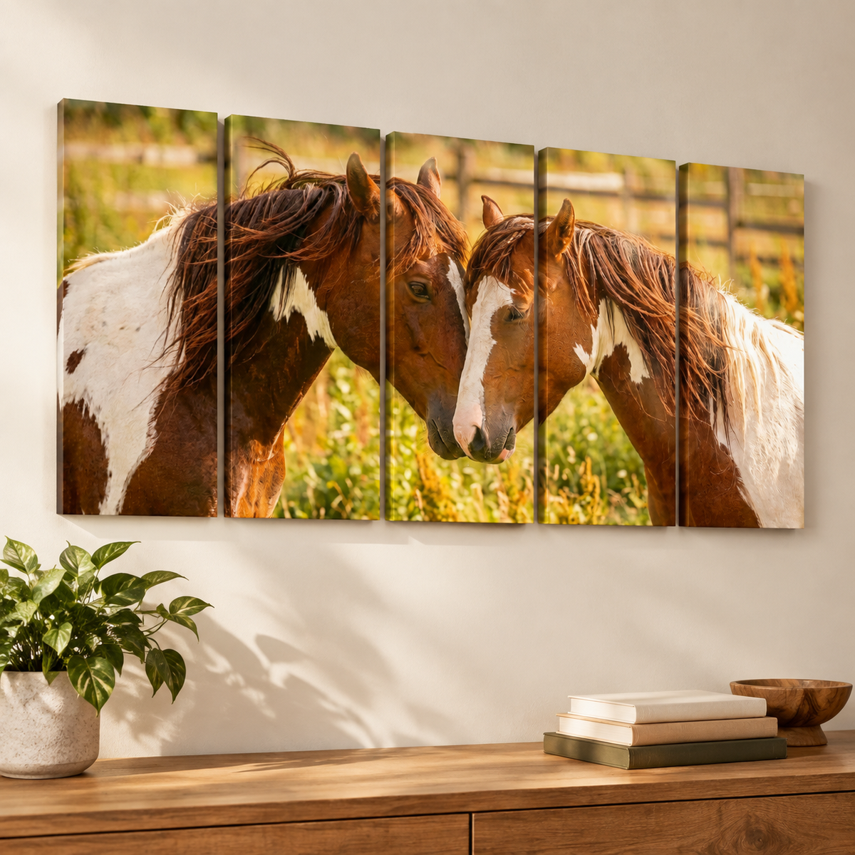 A five-panel canvas wall art set depicting two brown and white pinto horses facing each other in a sunlit field, displayed on a beige wall above a wooden console table with a potted plant and books.