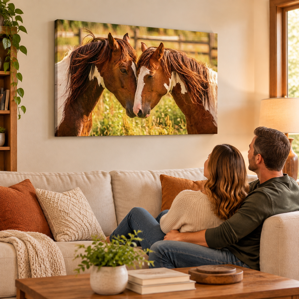 A couple sits on a beige sofa in a living room, looking at a large wall art print depicting two brown horses facing each other in a sunlit field. The room includes a wooden coffee table, books, a plant, and warm ambient lighting.