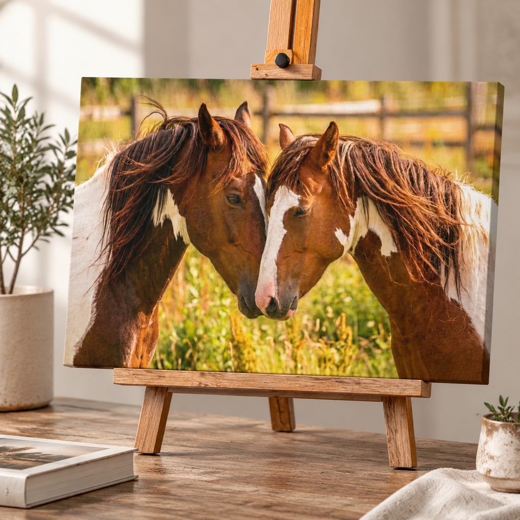 A rectangular canvas print showing two brown horses with white markings facing each other in a sunlit field, displayed on a wooden easel on a tabletop. The scene includes a plant, book, and cloth in a styled indoor setting.