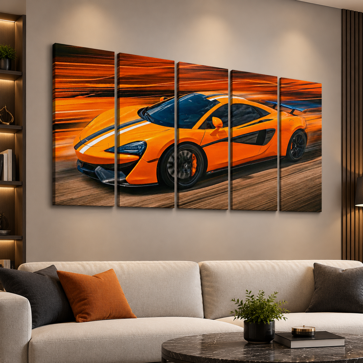 A five-panel canvas wall art set depicting a bright orange sports car with white racing stripes on a blurred orange and brown road, displayed above a modern beige sofa in a styled living room.