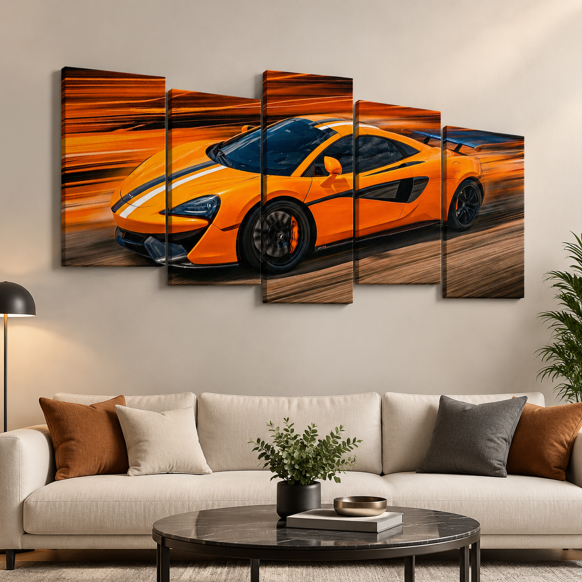 A five-panel canvas wall art set depicting a bright orange sports car in motion, displayed above a modern white sofa in a styled living room.