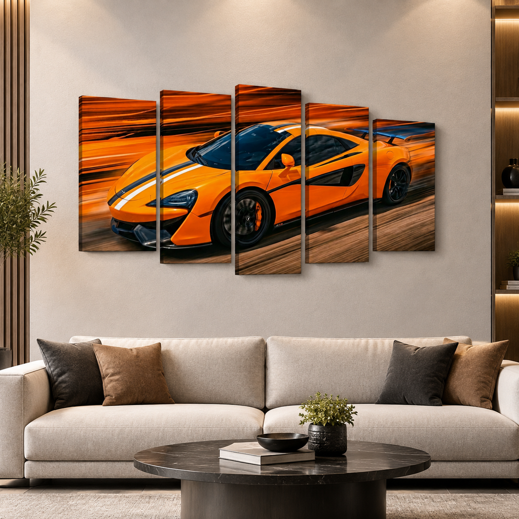 A five-panel canvas wall art set depicting a bright orange McLaren sports car with black racing stripes, displayed above a modern beige sofa in a styled living room.