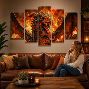 A 5-panel canvas wall art set depicting a fiery dragon head, displayed on a beige wall above a brown leather sofa in a cozy living room setting. A woman is sitting on the sofa looking at the artwork.