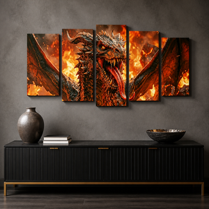 A five-panel canvas wall art set depicting a fiery dragon with wings spread, displayed above a black console table in a modern room setting.
