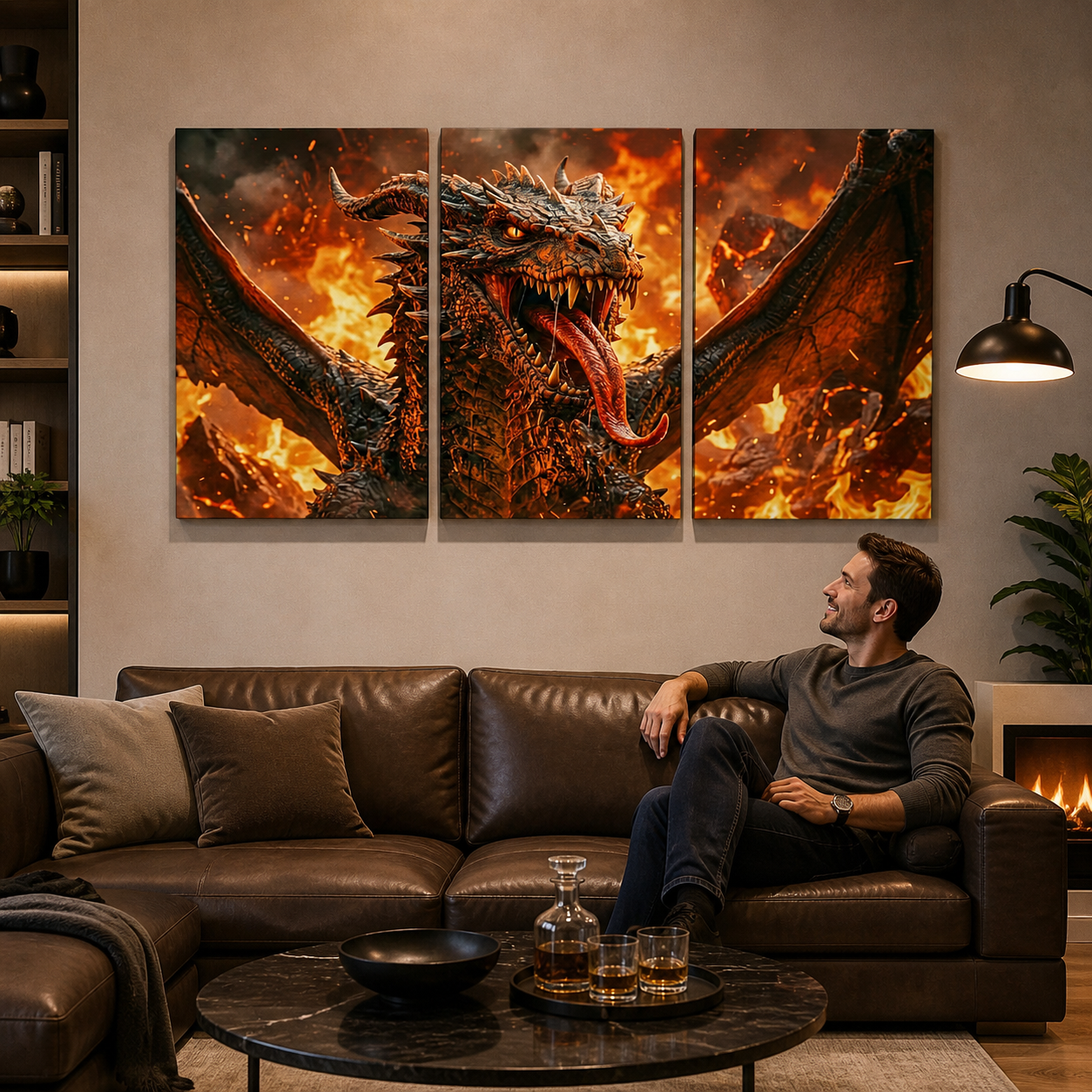 A three-panel canvas wall art set depicting a fiery dragon with wings spread, displayed above a brown leather sofa in a modern living room setting with a man sitting on the couch.