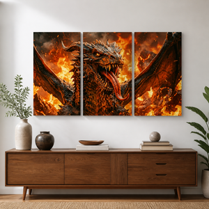 A three-panel canvas wall art set depicting a fiery dragon with wings spread, displayed above a wooden console table in a styled room setting.