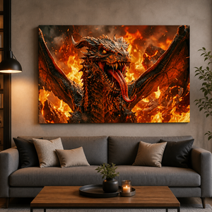 A large wall art print depicting a fiery dragon with wings spread, displayed above a gray sofa in a modern living room setting.