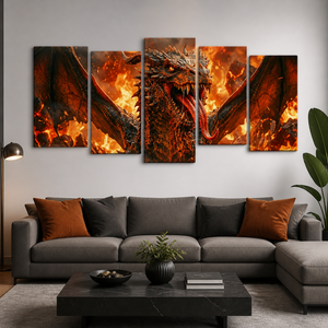 A 5-panel canvas wall art set depicting a fiery dragon head and wings, displayed above a modern gray sectional sofa in a living room setting.