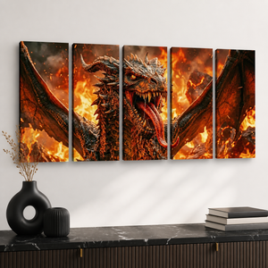 A five-panel canvas wall art set depicting a fiery dragon with wings spread, displayed above a black marble console table with decorative vases and books against a white wall.