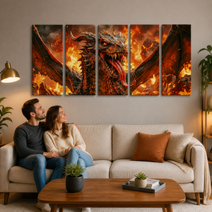 A four-panel canvas wall art set depicting a fiery dragon, displayed above a beige sofa in a modern living room setting with a couple sitting on the couch.
