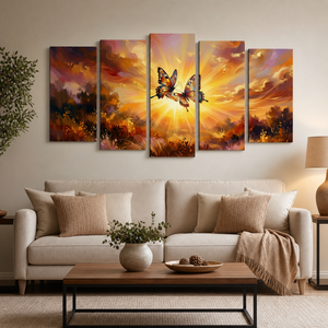 Golden Hour Butterflies Canvas Wall Art – Warm & Ethereal Abstract Print | 1, 3 & 5 Panel
