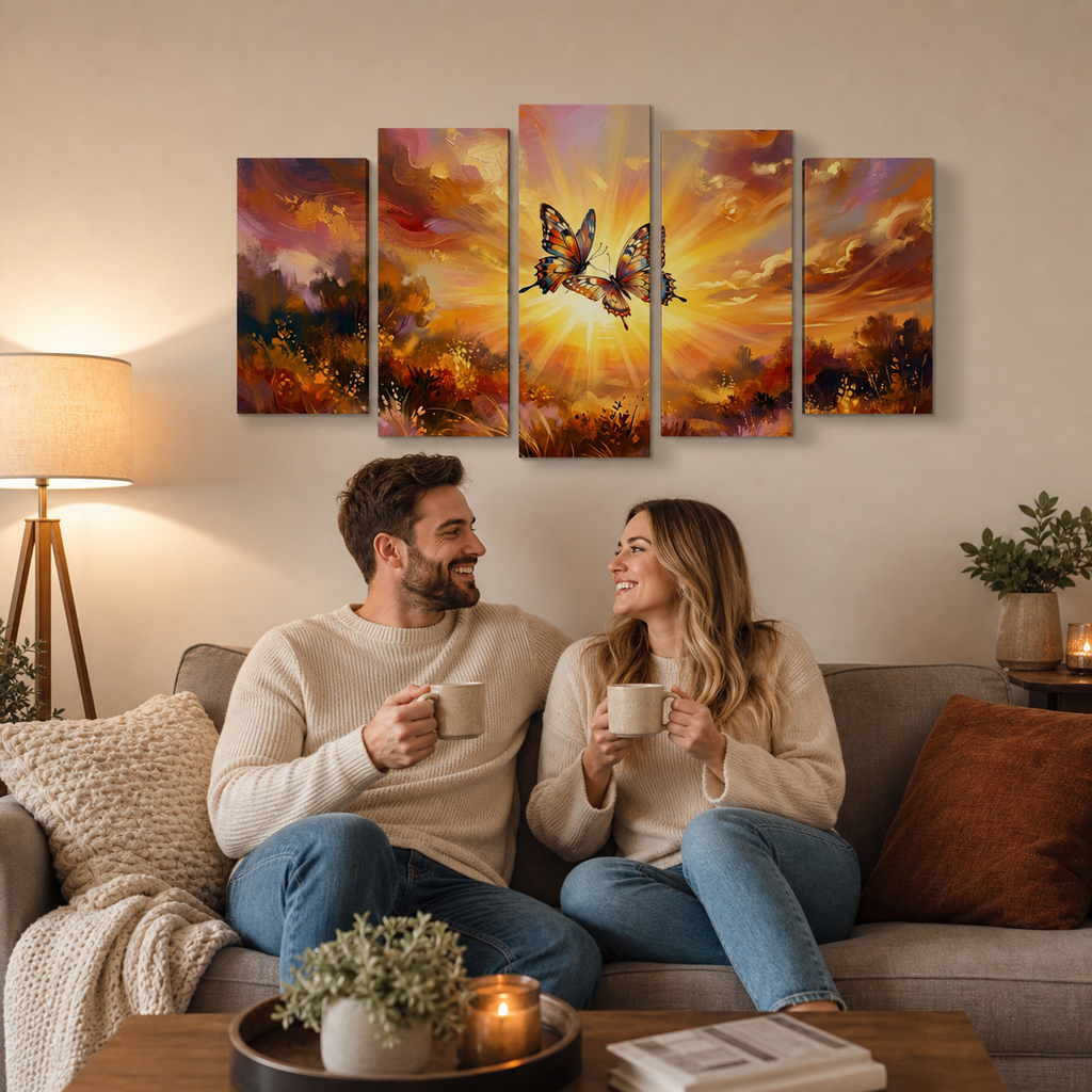 Golden Hour Butterflies Canvas Wall Art – Warm & Ethereal Abstract Print | 1, 3 & 5 Panel