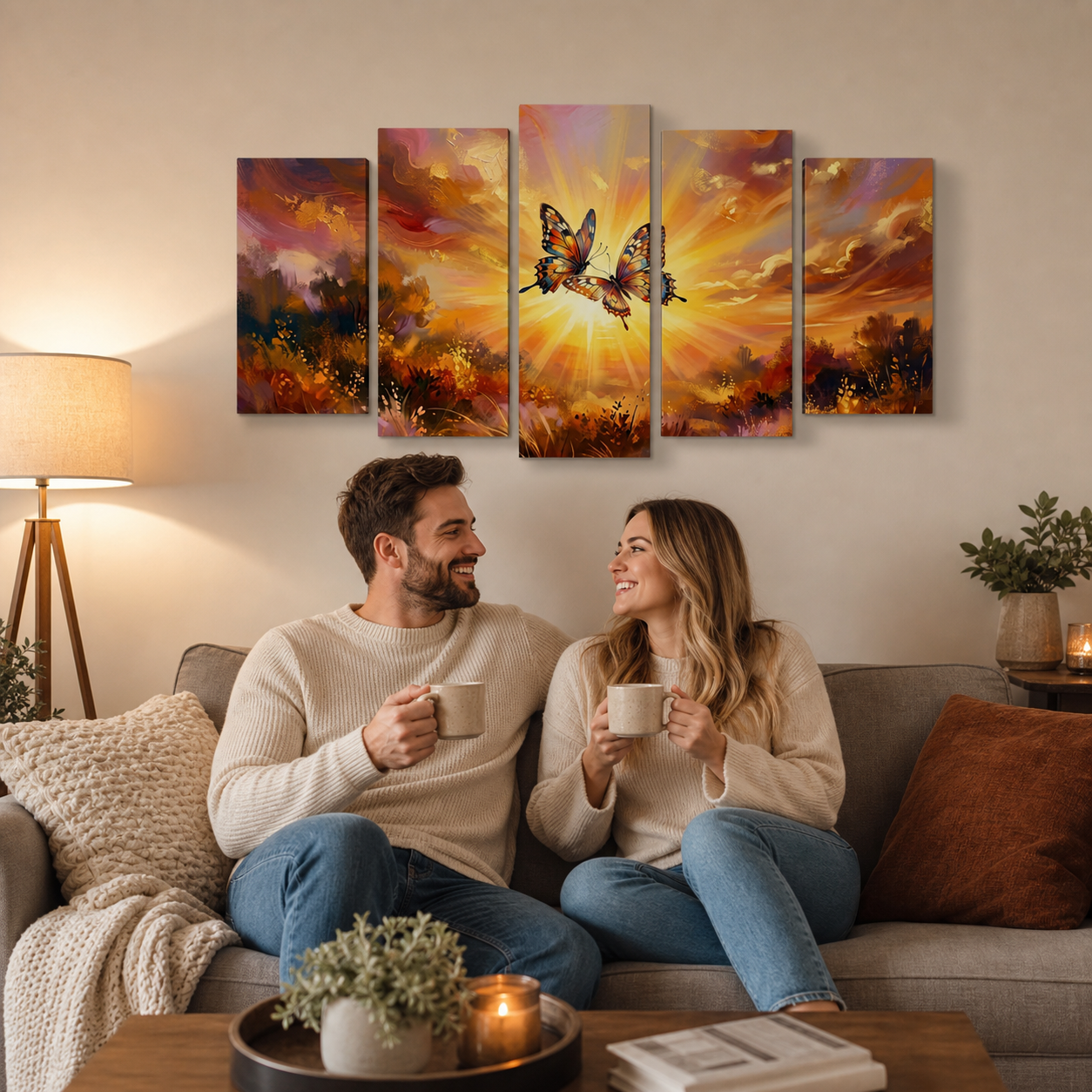 Golden Hour Butterflies Canvas Wall Art – Warm & Ethereal Abstract Print | 1, 3 & 5 Panel