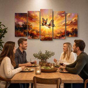 Golden Hour Butterflies Canvas Wall Art – Warm & Ethereal Abstract Print | 1, 3 & 5 Panel