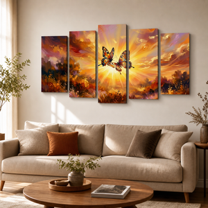 Golden Hour Butterflies Canvas Wall Art – Warm & Ethereal Abstract Print | 1, 3 & 5 Panel