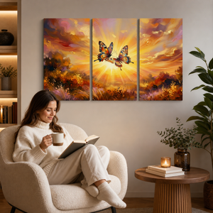 Golden Hour Butterflies Canvas Wall Art – Warm & Ethereal Abstract Print | 1, 3 & 5 Panel