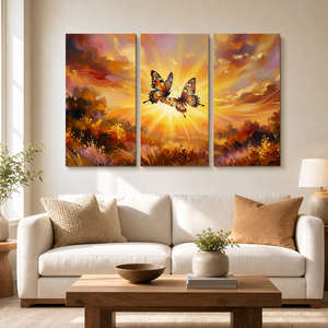 Golden Hour Butterflies Canvas Wall Art – Warm & Ethereal Abstract Print | 1, 3 & 5 Panel