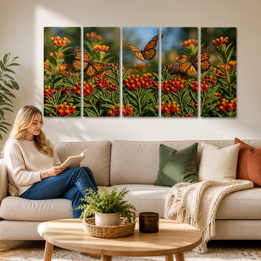A five-panel canvas wall art set depicting monarch butterflies flying over bright orange flowers and green foliage, displayed on a beige wall above a living room sofa where a woman is sitting and reading.