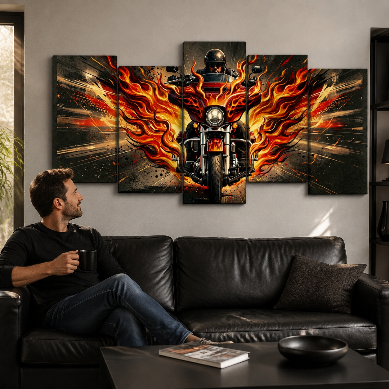 Custom painted flames fire bagger motorcycle 5-panel Staggered layout — alternating high-low cascading panels on white background