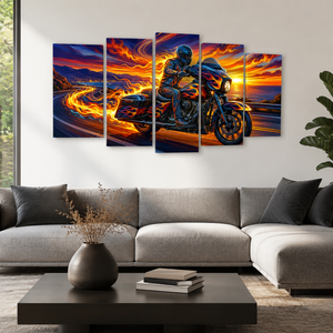 Motorcycle Bagger Abstract Canvas Wall Art | 1, 3 & 5 Panel Staggered Garage & Man Cave Print