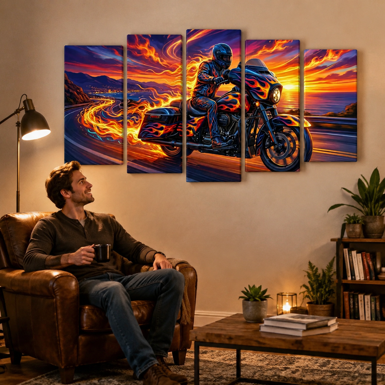 Motorcycle Bagger Abstract Canvas Wall Art | 1, 3 & 5 Panel Staggered Garage & Man Cave Print