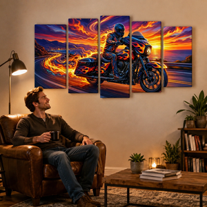 Motorcycle Bagger Abstract Canvas Wall Art | 1, 3 & 5 Panel Staggered Garage & Man Cave Print