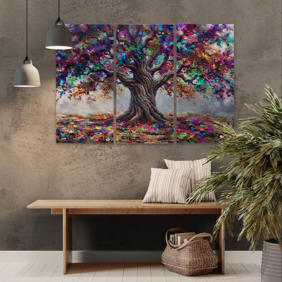A three-panel canvas wall art set depicting a colorful, textured tree with vibrant purple, blue, pink, and green foliage, displayed on a textured gray wall above a wooden bench in a styled room.