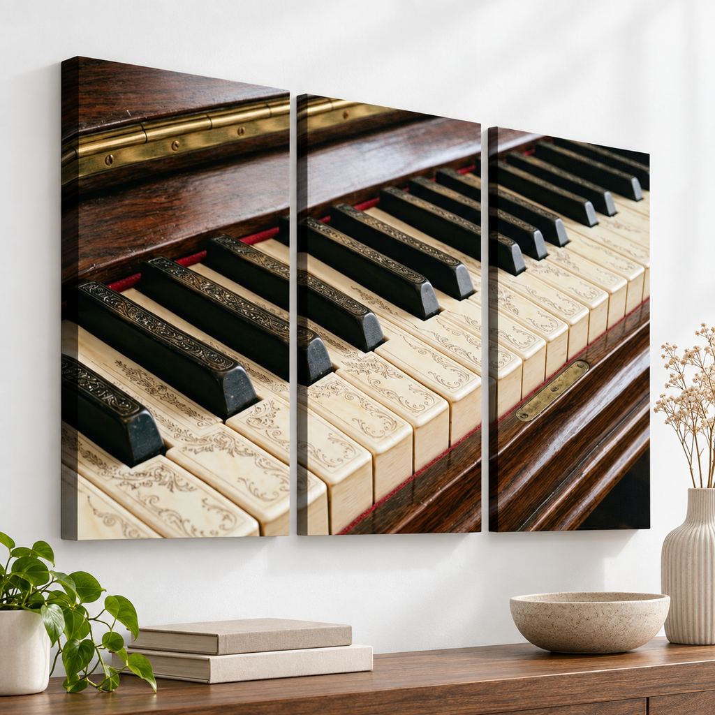 Three-panel canvas wall art showing a close-up of ornate piano keys and dark wood instrument details, displayed above a console table with books, a bowl, and a vase in a bright room.