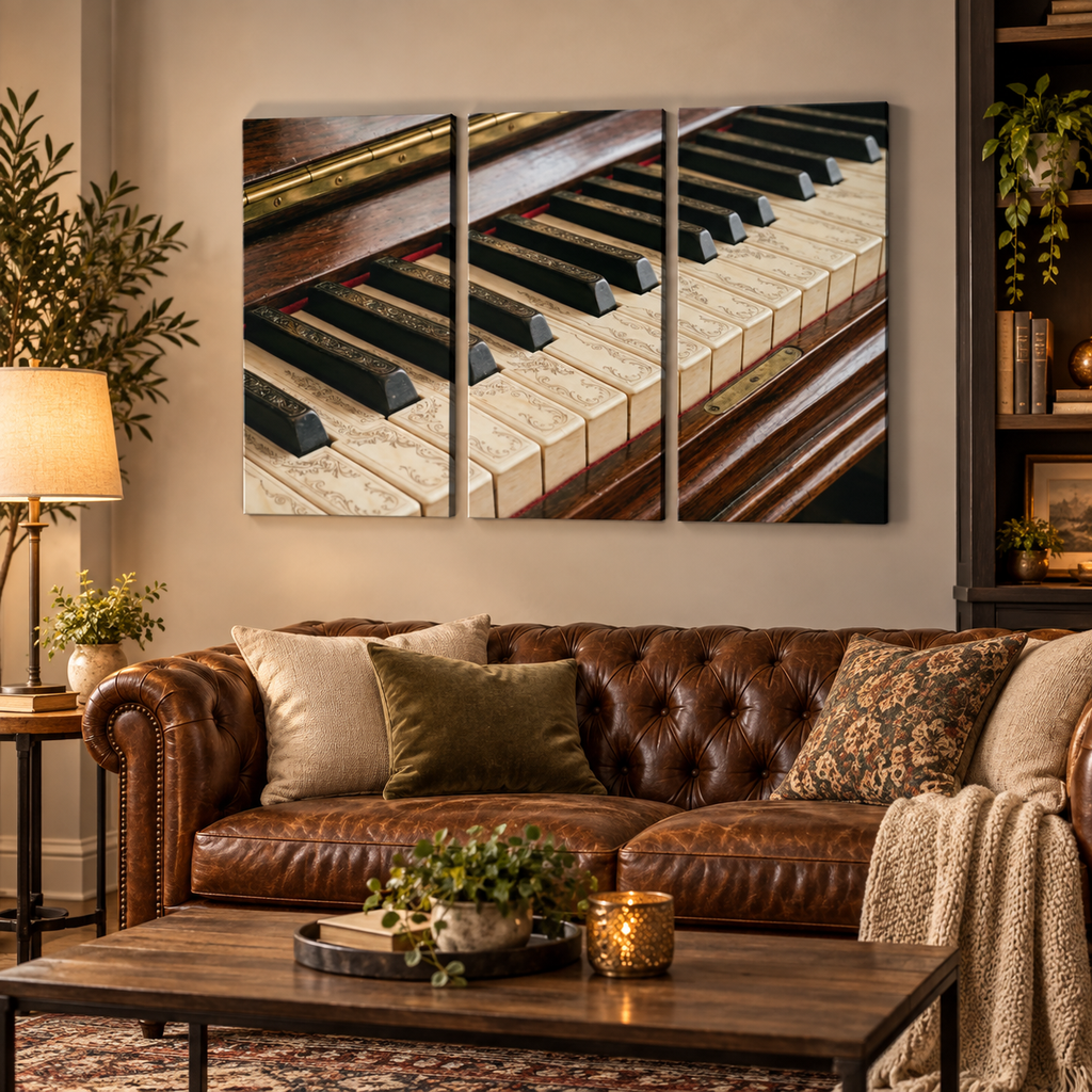 A three-panel canvas wall art print depicting a close-up of piano keys, displayed in a cozy living room above a brown leather sofa.