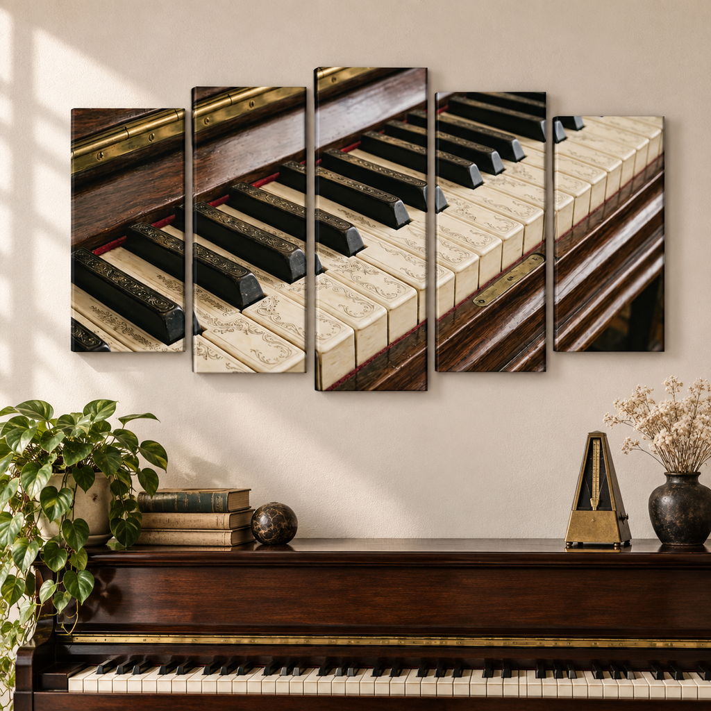A five-panel canvas wall art set depicting a close-up of piano keys and wood casing, displayed above a real piano in a styled room with a plant and decorative objects.