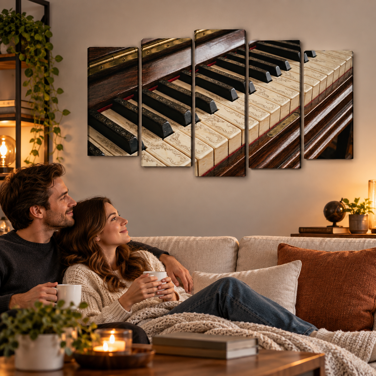 A couple relaxes on a beige sofa in a cozy living room, with a large five-panel canvas wall art print of a vintage piano keyboard mounted above them. The print features warm cream and brown keys with black keys, creating a nostalgic music-themed decor scene.