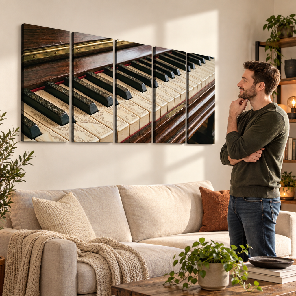 A man in a living room stands beside a beige sofa, looking at a five-panel canvas wall art print depicting a close-up of a piano keyboard. The room has a neutral beige color scheme with a knit throw blanket, potted plants, and a wooden coffee table.