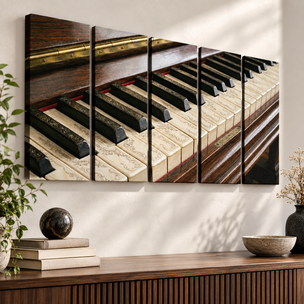 A six-panel canvas wall art set depicting a close-up of a piano keyboard, displayed in a modern living room setting above a wooden console table with decorative items.
