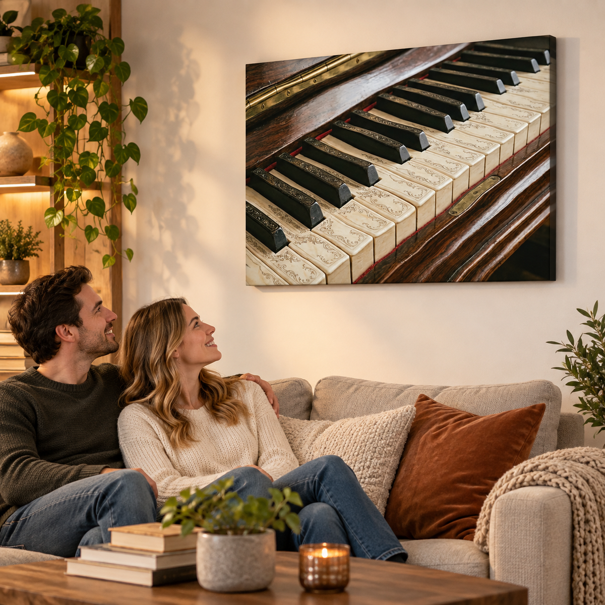 A couple sits on a beige sofa in a warmly lit living room, looking up at a large wall art print showing a close-up of piano keys hanging above them.