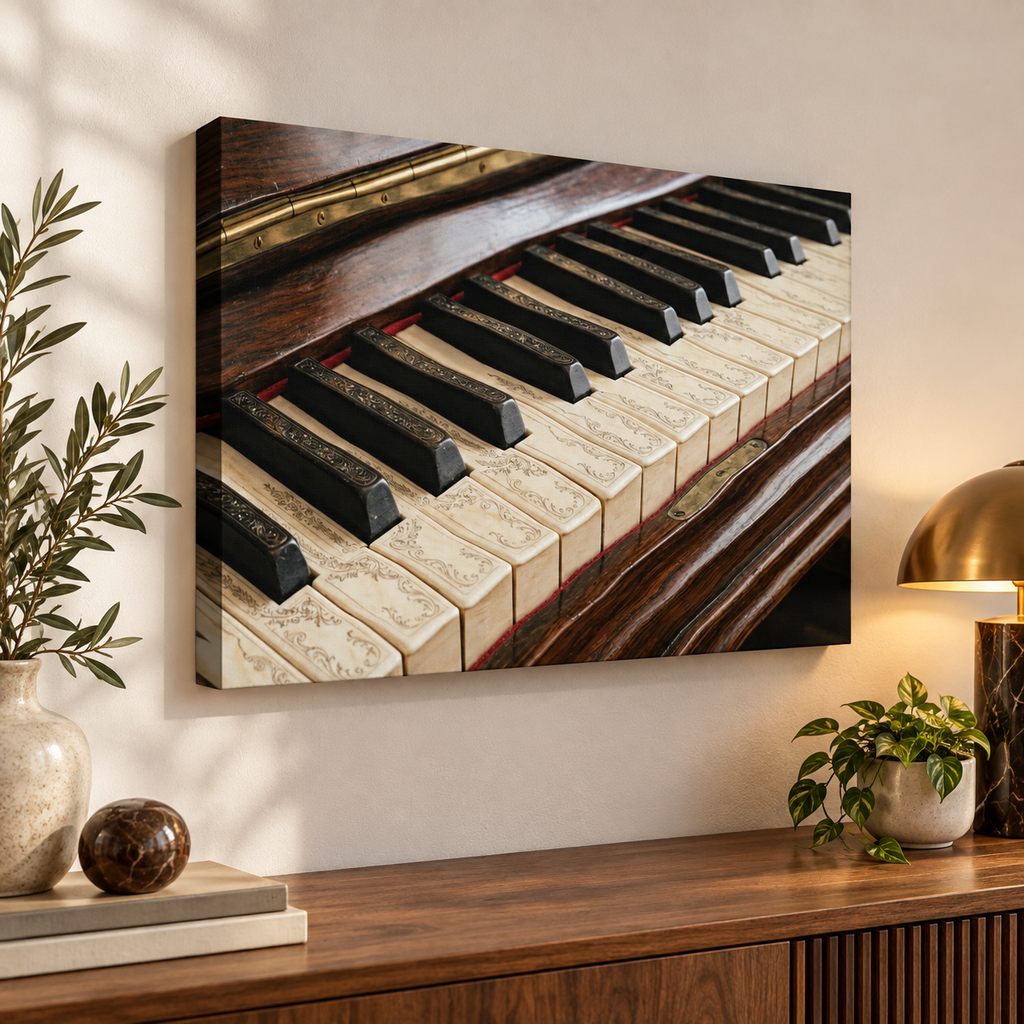 A square wall art print showing a close-up of piano keys and wood casing, displayed on a beige wall above a wooden console table with plants and decor.
