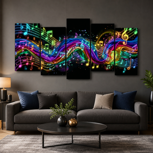 A 5-panel canvas wall art set depicting a vibrant, multicolored neon musical note and staff line pattern on a black background, displayed above a modern gray sofa in a styled living room.