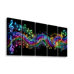 A five-panel canvas wall art set featuring a vibrant, glowing wavy musical note pattern on a black background, shown against a plain white wall.