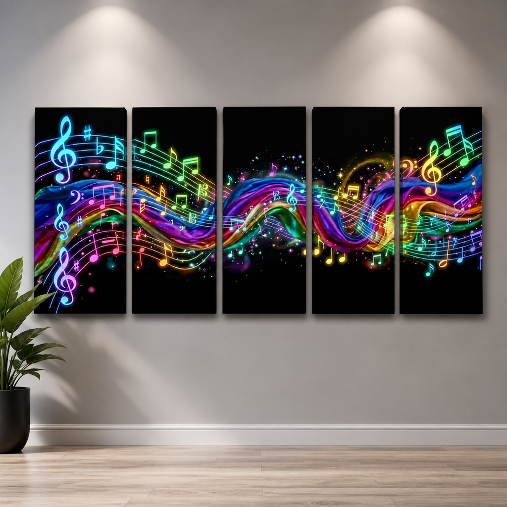 A five-panel canvas wall art set depicting vibrant, glowing neon musical notes and staff lines flowing across a black background, displayed on a light gray wall above a wooden floor with a potted plant at the side.