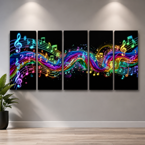 A five-panel canvas wall art set depicting vibrant, glowing neon musical notes and staff lines flowing across a black background, displayed on a light gray wall above a wooden floor with a potted plant at the side.