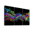 Three-panel canvas wall art featuring a black background with vibrant, glowing neon musical notes, staff lines, and treble clefs flowing across the panels.