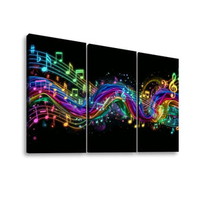 Three-panel canvas wall art featuring a black background with vibrant, glowing neon musical notes, staff lines, and treble clefs flowing across the panels.