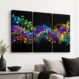 Three-panel black canvas wall art featuring vibrant neon musical notes and staff lines in rainbow colors, displayed above a sofa in a modern living room setting.