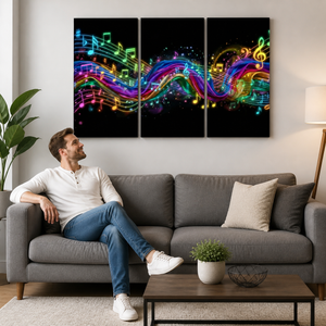 A man sits on a gray sofa in a living room, looking at a three-panel canvas wall art set depicting vibrant, colorful neon musical notes and staff lines flowing across a black background.