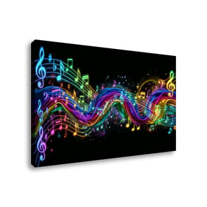 A rectangular wall art canvas showing a black background with a flowing wave of neon musical notes and treble clefs in rainbow colors, photographed against a light gray studio background.