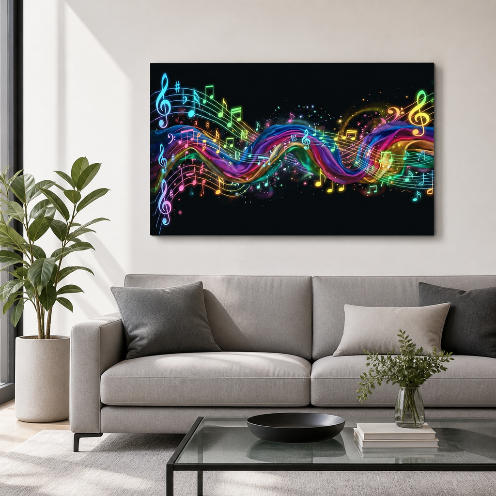 A rectangular wall art print showing a black background with glowing multicolored musical notes and staff lines, displayed above a light gray sofa in a modern living room with a plant and glass coffee table.