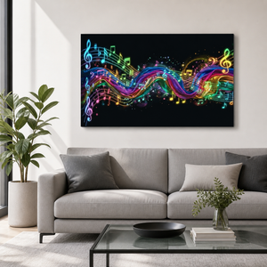 A rectangular wall art print showing a black background with glowing multicolored musical notes and staff lines, displayed above a light gray sofa in a modern living room with a plant and glass coffee table.