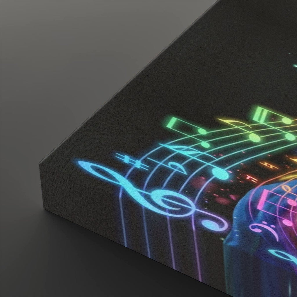 A close-up of a dark rectangular panel or canvas showing a glowing neon musical staff with treble clefs and music notes in blue, green, yellow, and pink against a dark background.